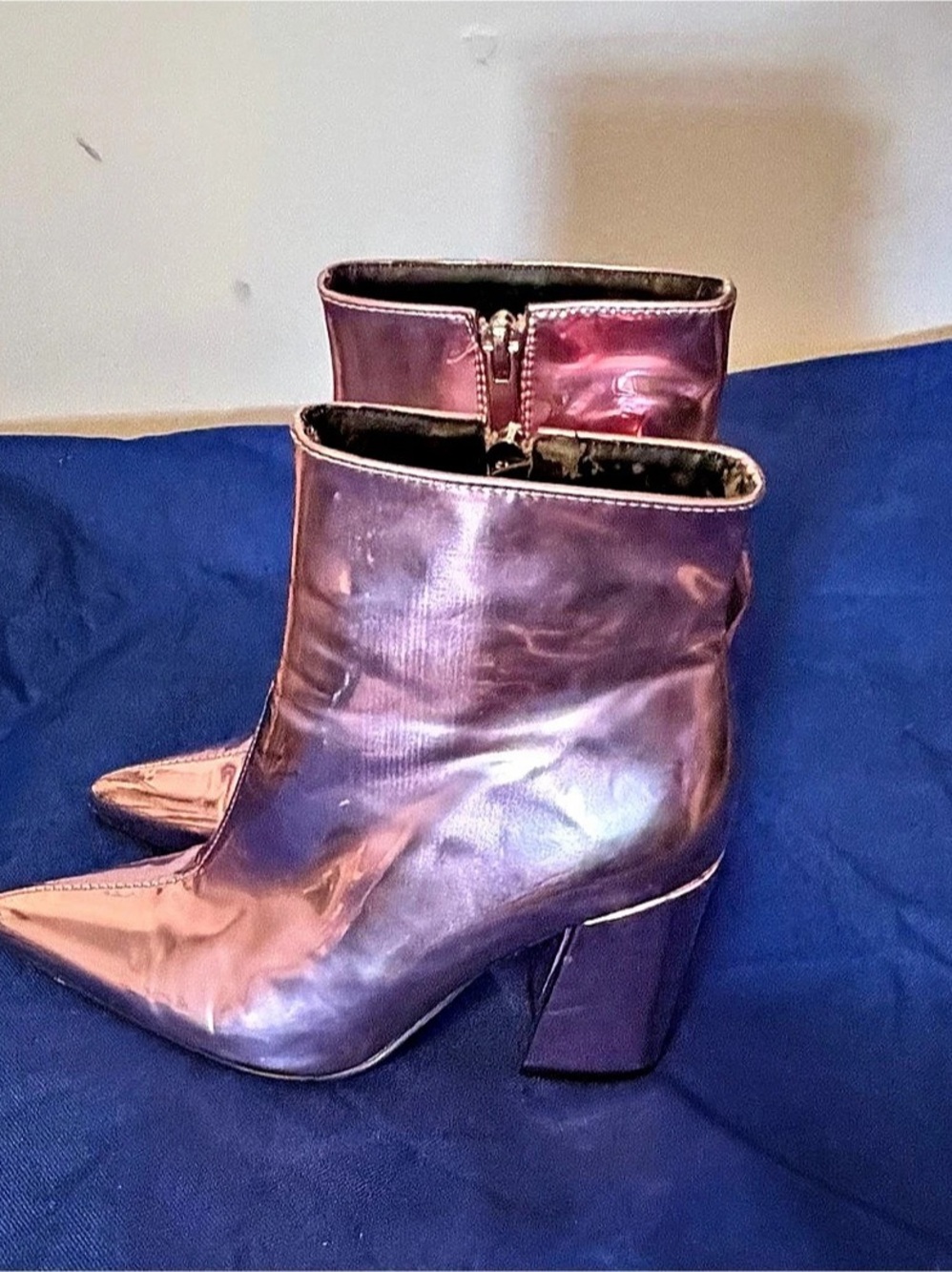 Metallic Pink Pointed-Toe Heeled Ankle Boots